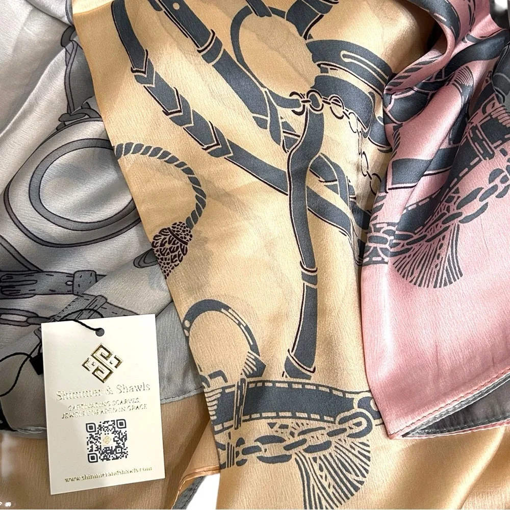 Silky Chain Print Colorblock Scarf - Gray, Peach & Pink